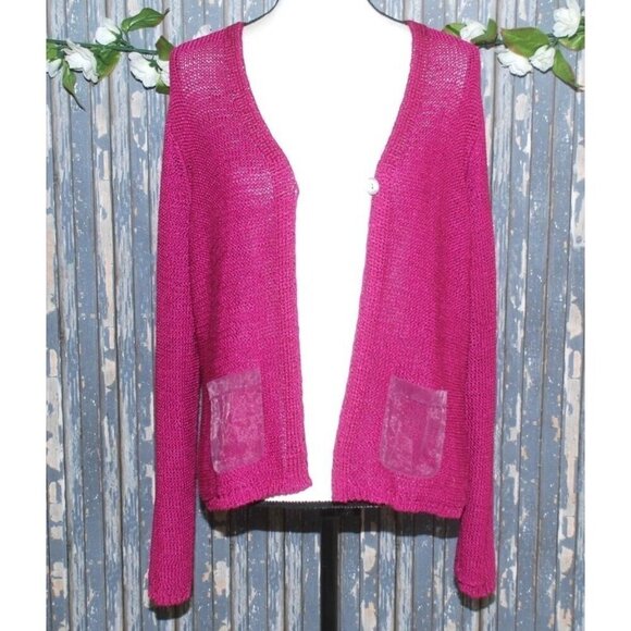 Intuitions Ladies Purple Single Button Open Front Cardigan XL Pockets Sheer - Picture 7 of 10